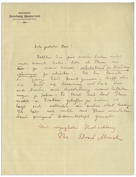 Very Rare Edvard Munch Autograph Letter Signed From the Kornhaug Sanatorium in 1900 -- …I am thinking of traveling to Dresden then, concerning an exhibit of my works…